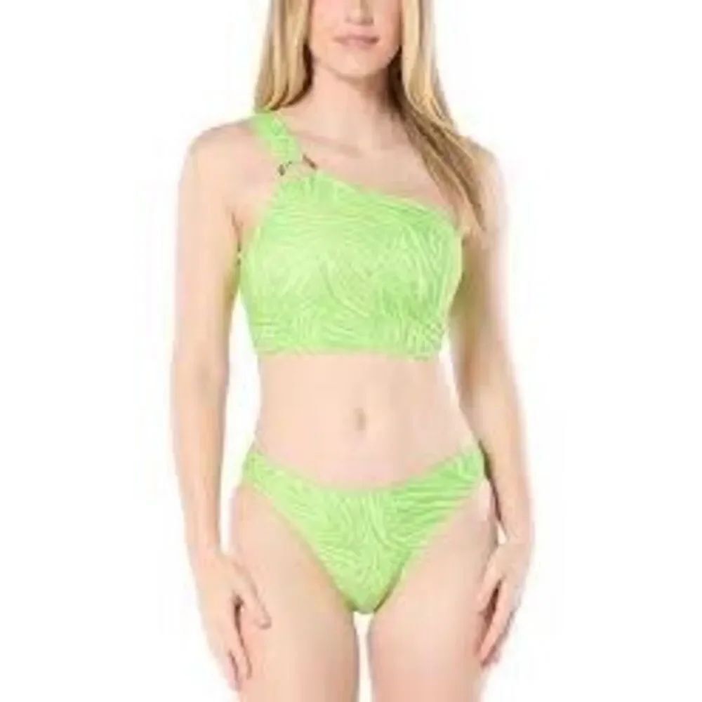 NWT Michael Kors one shoulder O-ring top and bottom swimwear in green with anima